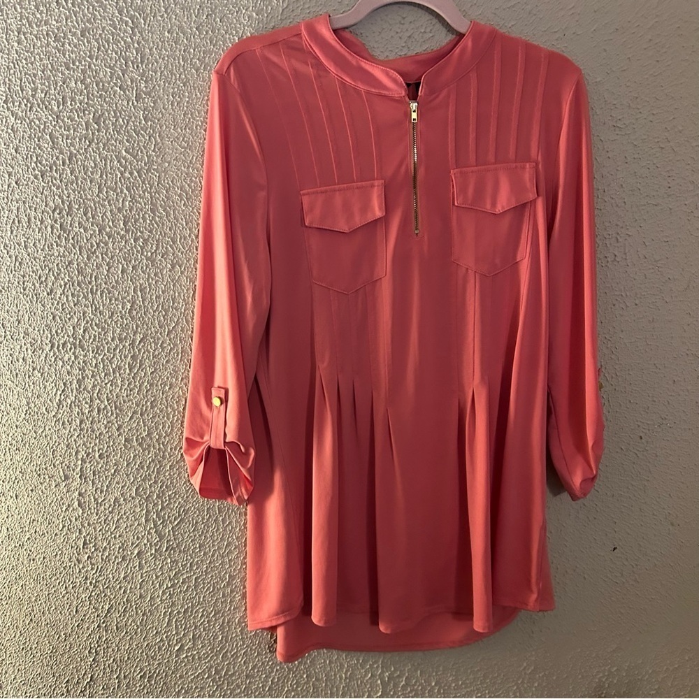 GNW 3/4 Sleeve Half Zip Blouse Hi Low Size L Coral Office Business Casual